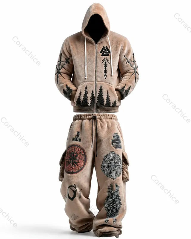 Cardydony Men's Viking Winter Warmth Embroidered Fleece Hoodie with Fur Collar and Pants Velvet Two-Piece