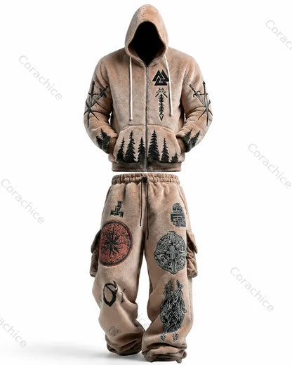 Cardydony Men's Viking Winter Warmth Embroidered Fleece Hoodie with Fur Collar and Pants Velvet Two-Piece