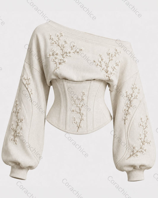 Cardydony Women's Retro Japanese Art Print Waist-cinching Long-sleeved Off-shoulder