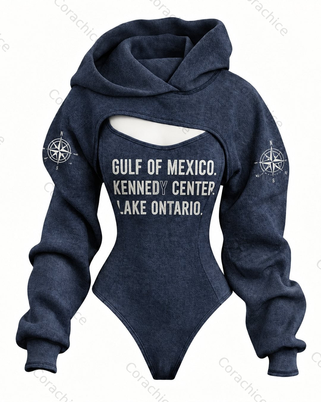 Cardydony Women's Fall Lake Ontario Print Fitted Hooded Jumpsuit