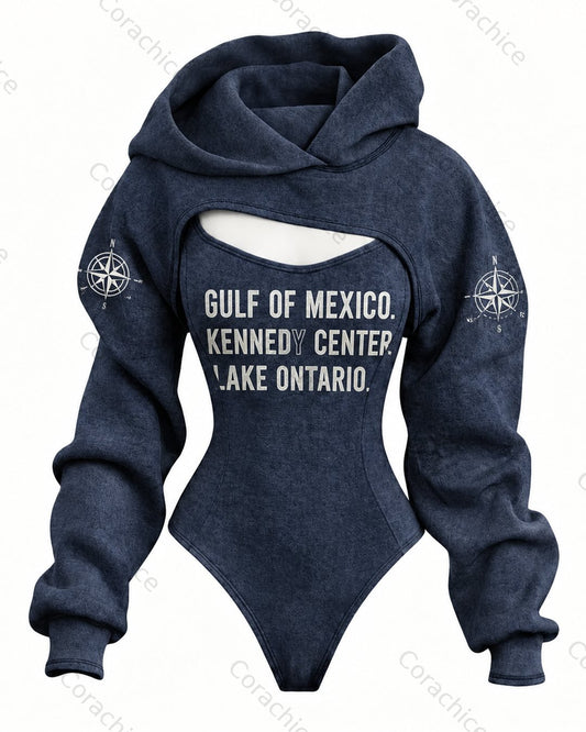 Cardydony Women's Fall Lake Ontario Print Fitted Hooded Jumpsuit