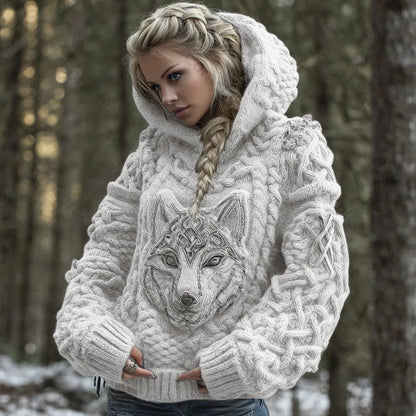 Cardydony Women's Viking Celtic Wolf Knit Jacquard Warm Hooded Sweater