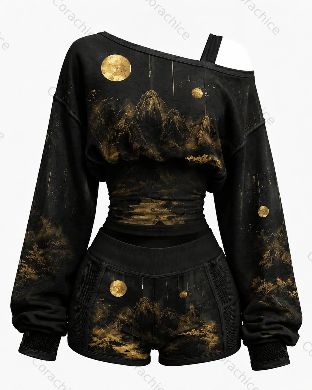 Cardydony Women's Japanese-Style Printed Long-Sleeve Off-the-Shoulder Sweatshirt and Shorts Two-Piece