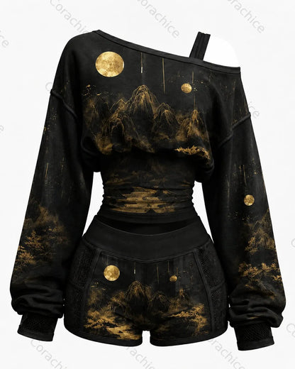 Cardydony Women's Japanese-Style Printed Long-Sleeve Off-the-Shoulder Sweatshirt and Shorts Two-Piece