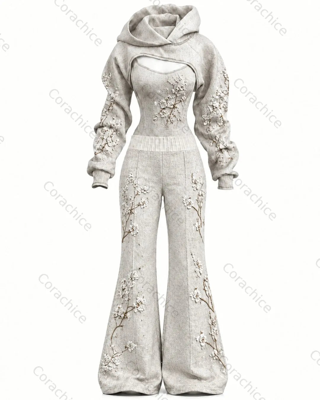 Cardydony Women's Japanese-Style Crane Embroidery Long-Sleeve Fitted Jumpsuit & Pants Two-Piece
