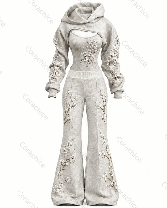 Cardydony Women's Japanese-Style Crane Embroidery Long-Sleeve Fitted Jumpsuit & Pants Two-Piece