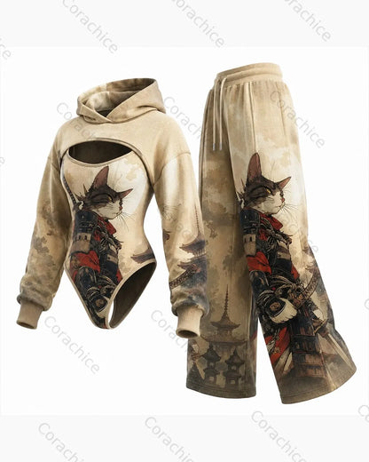 Cardydony Women's Japanese Retro Art Print Irregular Cut Two-Piece Jumpsuit & Pants Set