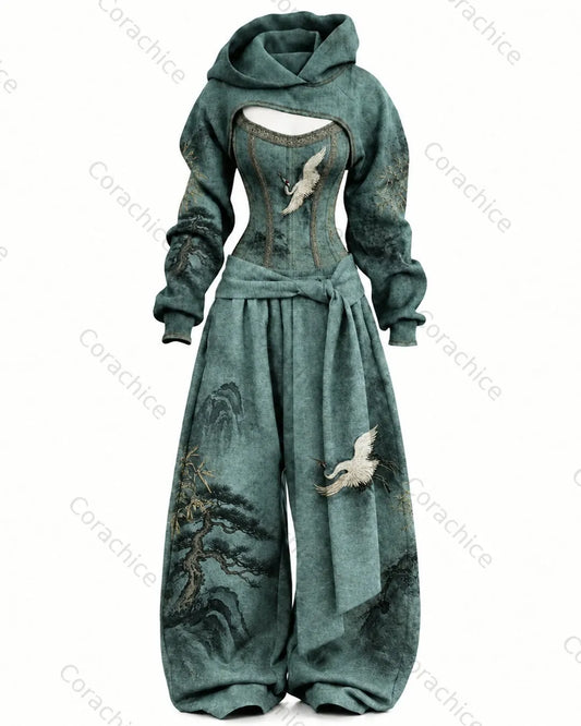 Cardydony Women's Japanese-Style Printed Long-Sleeve Fitted Jumpsuit and Pants Two-Piece