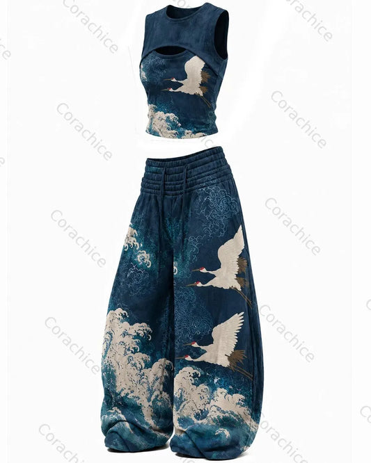 Cardydony Women's Japanese Retro Art Print Embroidered Top & Pants Two-Piece