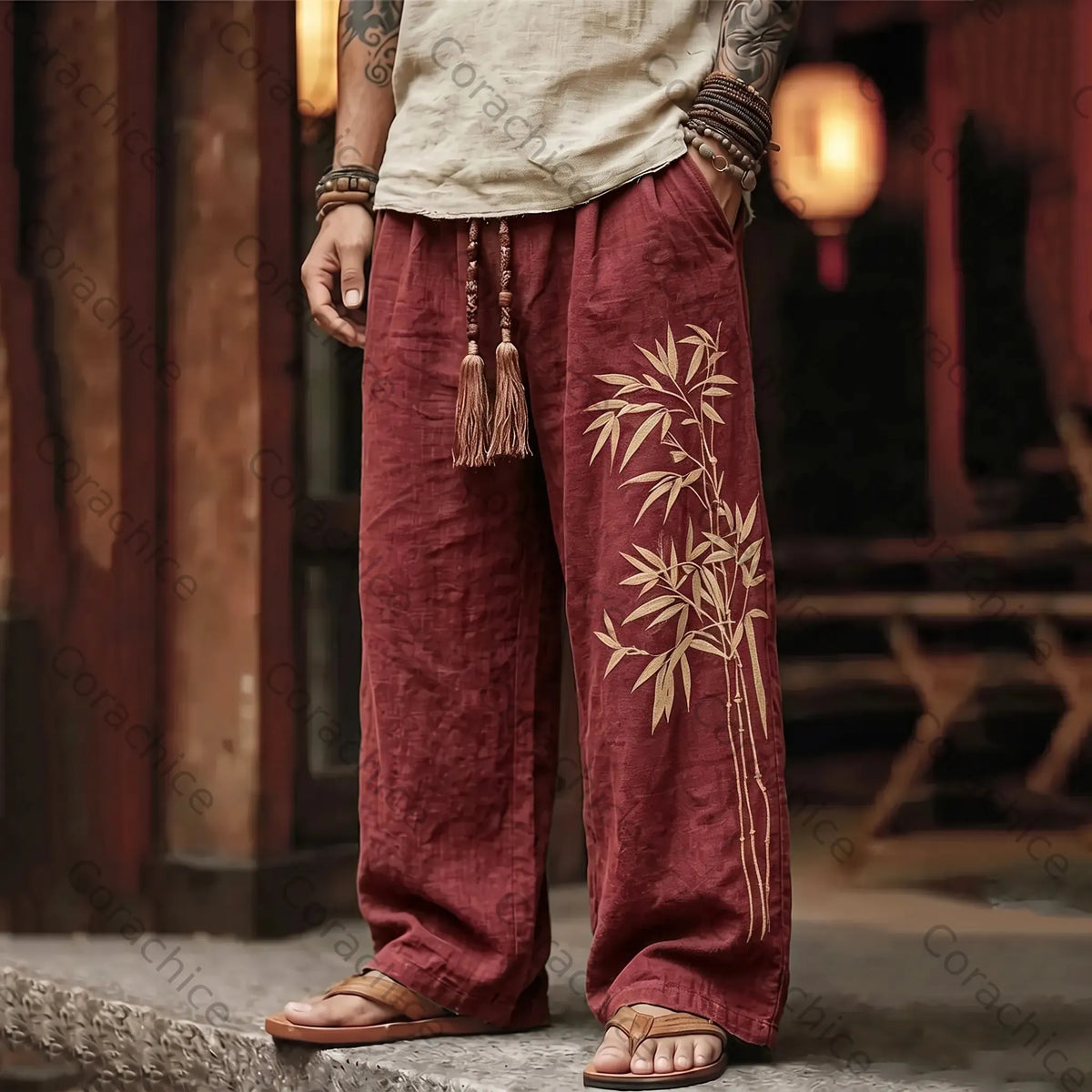 Cardydony Men's Vintage Japanese Bamboo Embroidery Art Linen Blend Pants