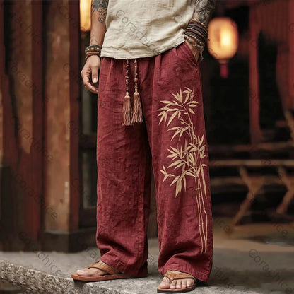 Cardydony Men's Vintage Japanese Bamboo Embroidery Art Linen Blend Pants