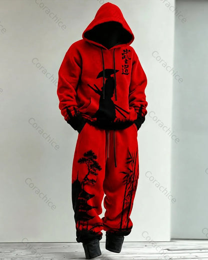 Cardydony Men's Fall and Winter Japanese-Style Printed Hoodie & Pants Two-Piece