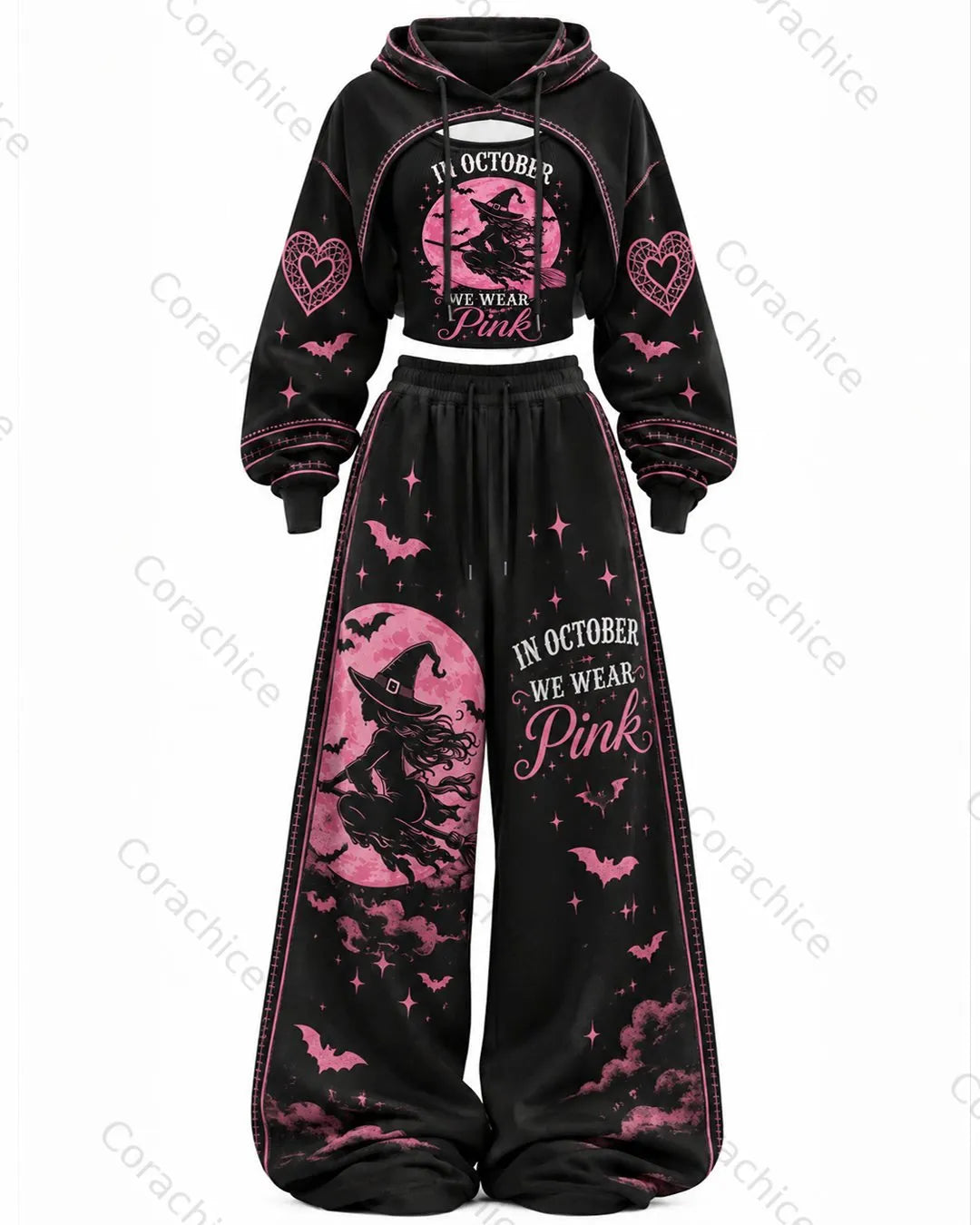 Cardydony Women's Fun Halloween Witch Print Casual Irregular Cut Two-Piece Hooded Top & Pants