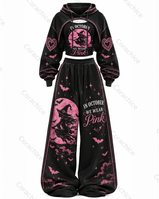 Cardydony Women's Fun Halloween Witch Print Casual Irregular Cut Two-Piece Hooded Top & Pants