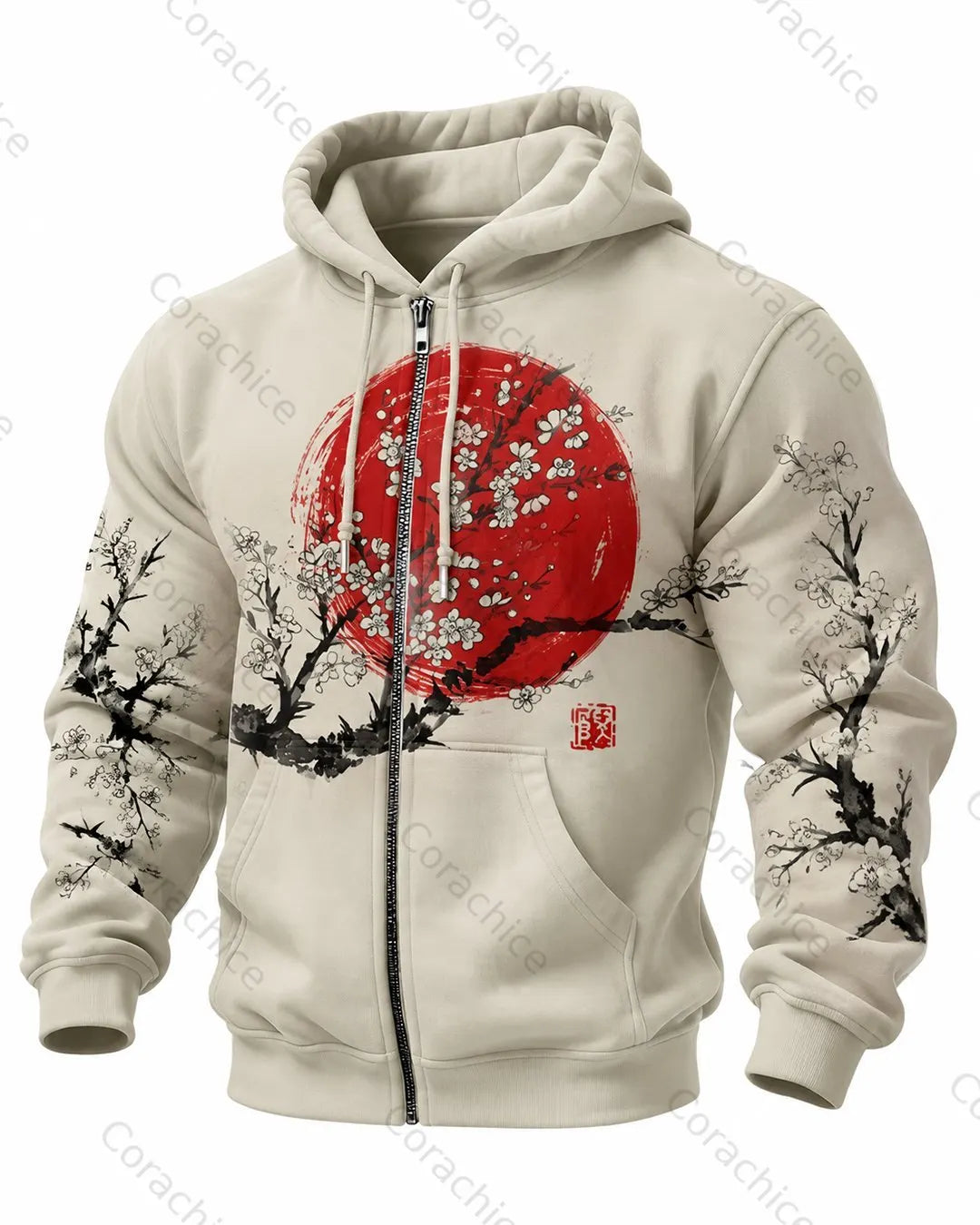 Cardydony Men's Fall Japanese-Style Printed Casual Hooded Jacket