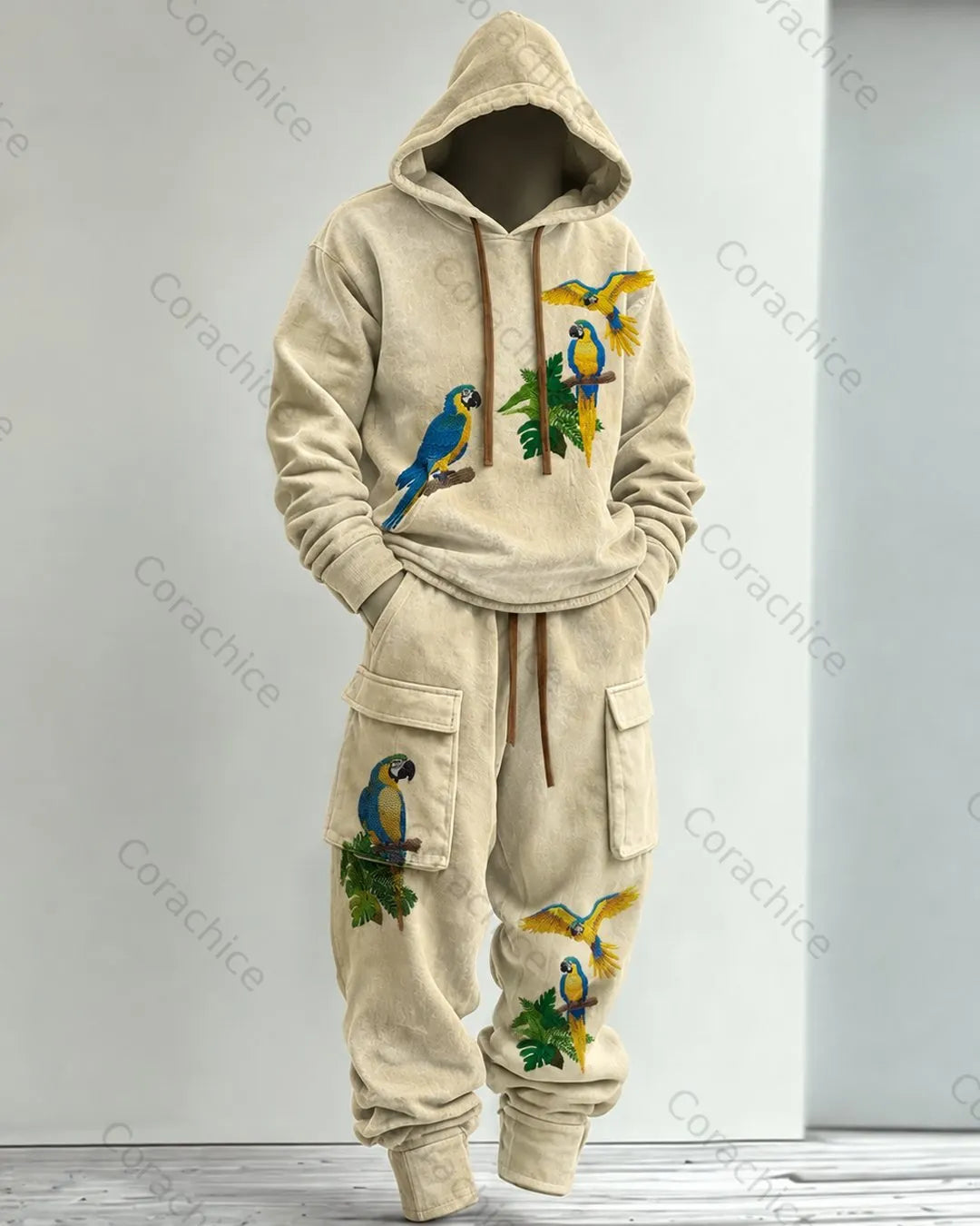 Cardydony Men's Fall and Spring Japanese-Style Printed Hooded & Pants Two-Piece Set