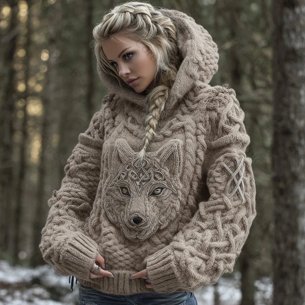 Cardydony Women's Viking Celtic Wolf Knit Jacquard Warm Hooded Sweater