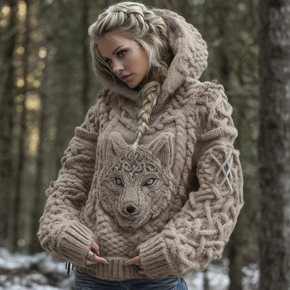 Cardydony Women's Viking Celtic Wolf Knit Jacquard Warm Hooded Sweater