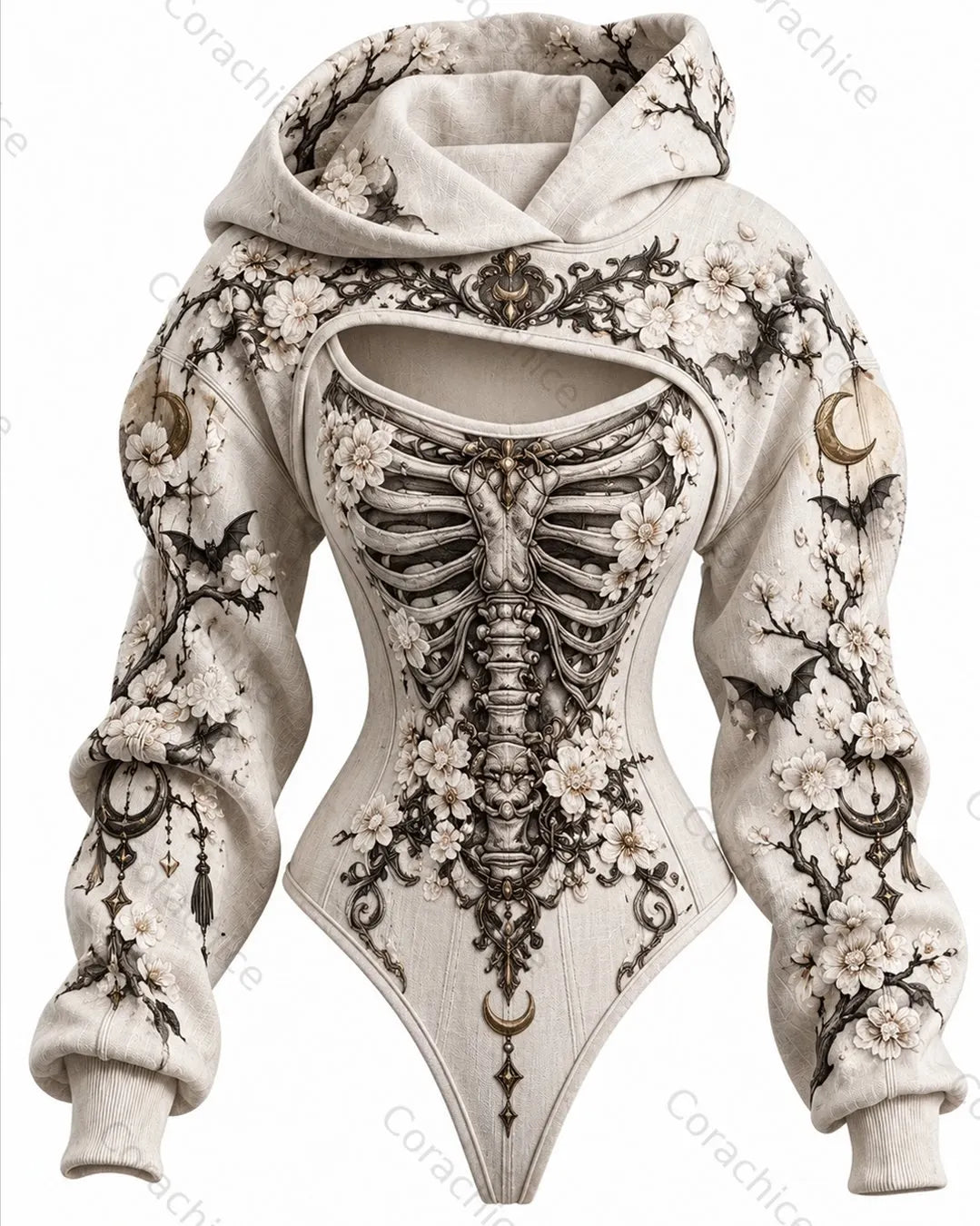 Cardydony Women's Halloween-themed printed fashion irregular cut two-piece hooded bodysuit