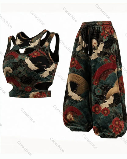 Cardydony Women's Japanese Retro Ukiyo-style Landscape Art Print Embroidered Top & Pants Two-Piece