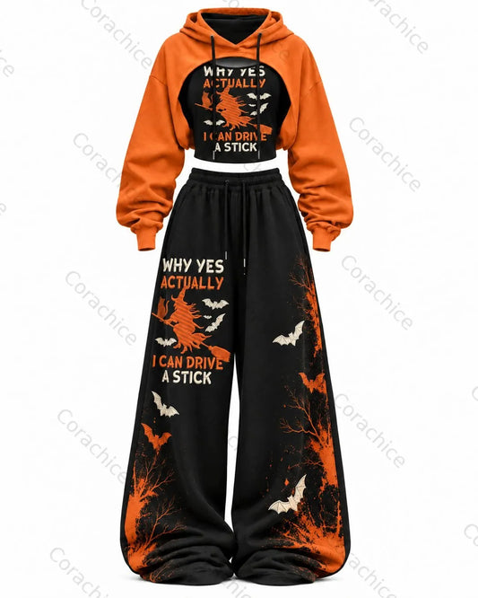 Cardydony Women's Fun Halloween Witch Print Casual Irregular Cut Two-Piece Hooded Top & Pants
