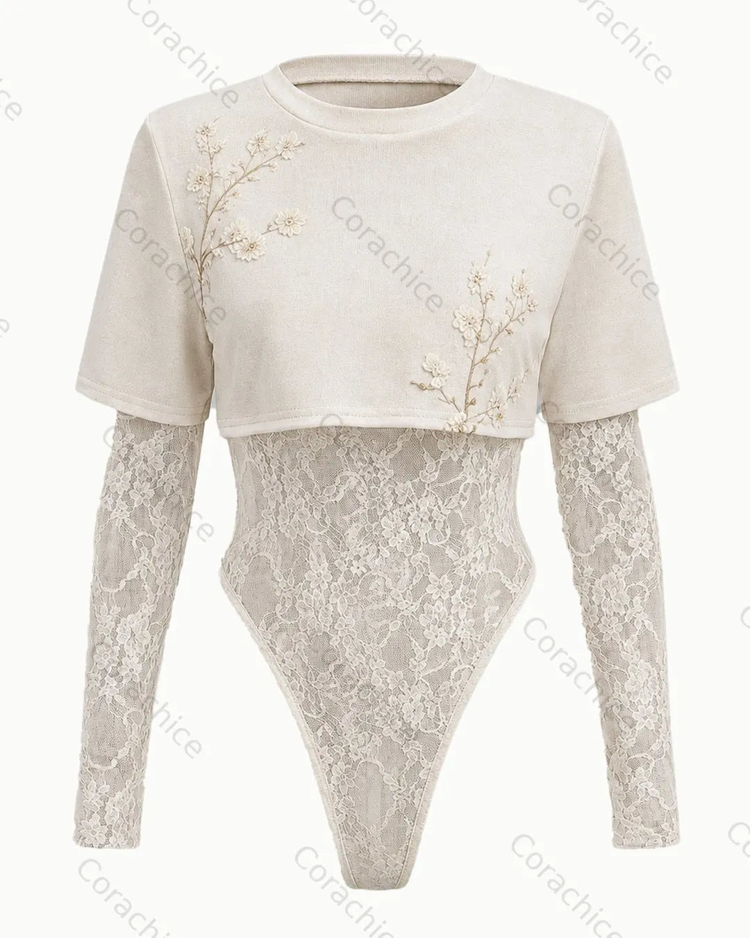 Cardydony Women's Retro Japanese White Floral Embroidered Bodysuit