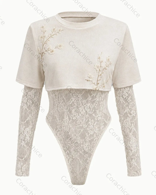 Cardydony Women's Retro Japanese White Floral Embroidered Bodysuit
