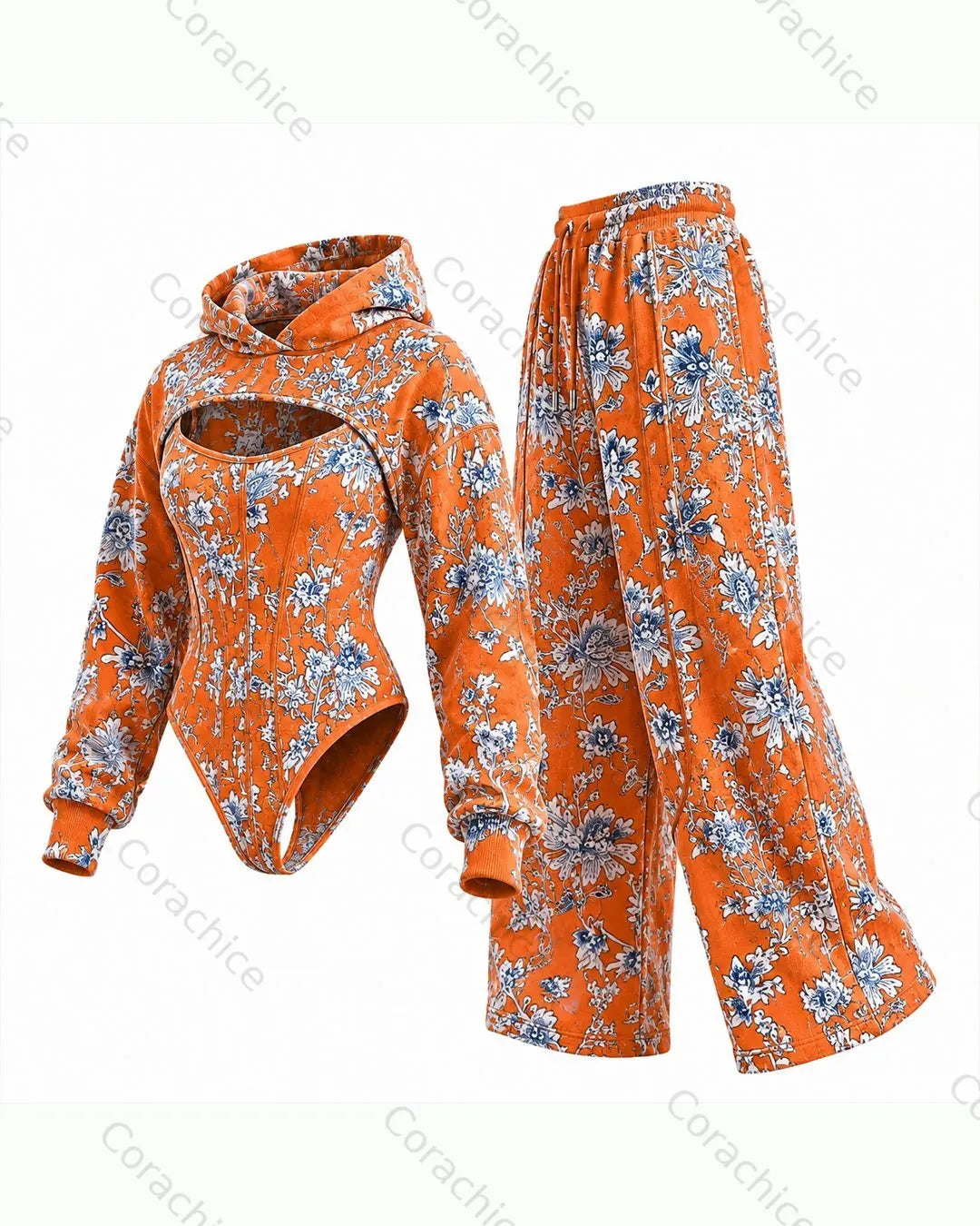 Cardydony Women's Floral Vintage Print Irregular Cut Two-Piece Jumpsuit & Pants