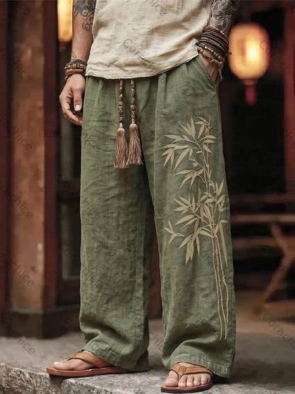 Cardydony Men's Vintage Japanese Bamboo Embroidery Art Linen Blend Pants