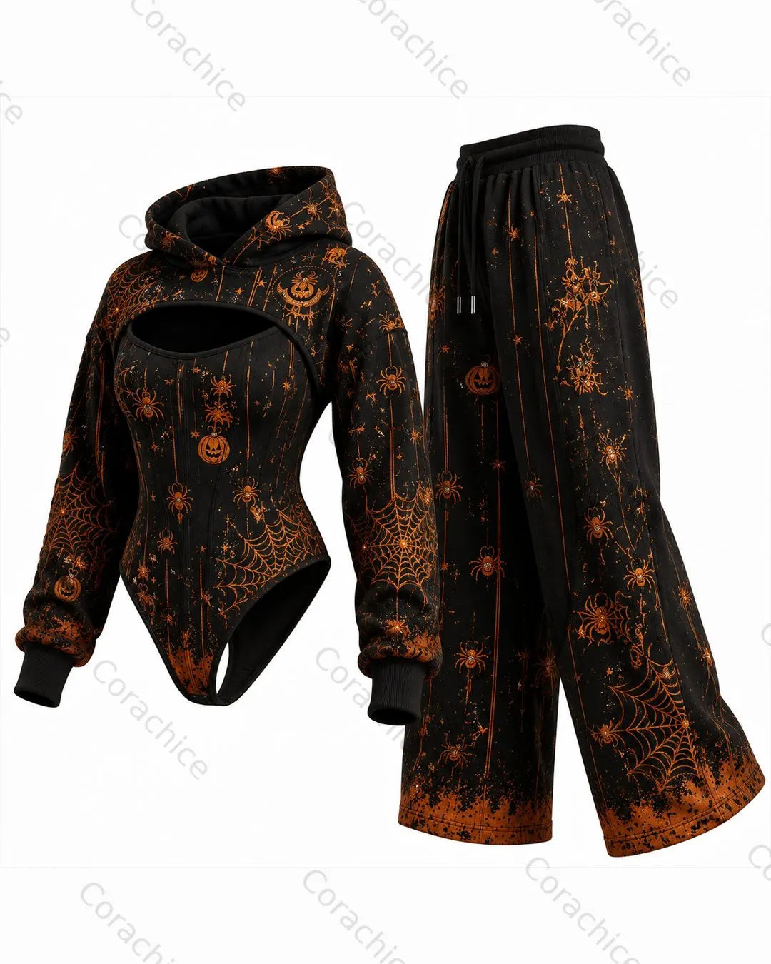 Cardydony Women's Halloween Print Irregular Cut Two-Piece Bodysuit & Pants