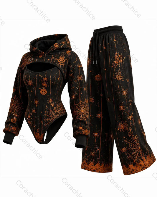 Cardydony Women's Halloween Print Irregular Cut Two-Piece Bodysuit & Pants