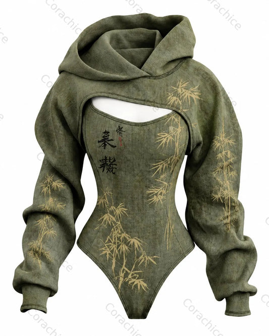 Cardydony Women's Japanese-Style Printed Long-Sleeve Hooded Jumpsuit