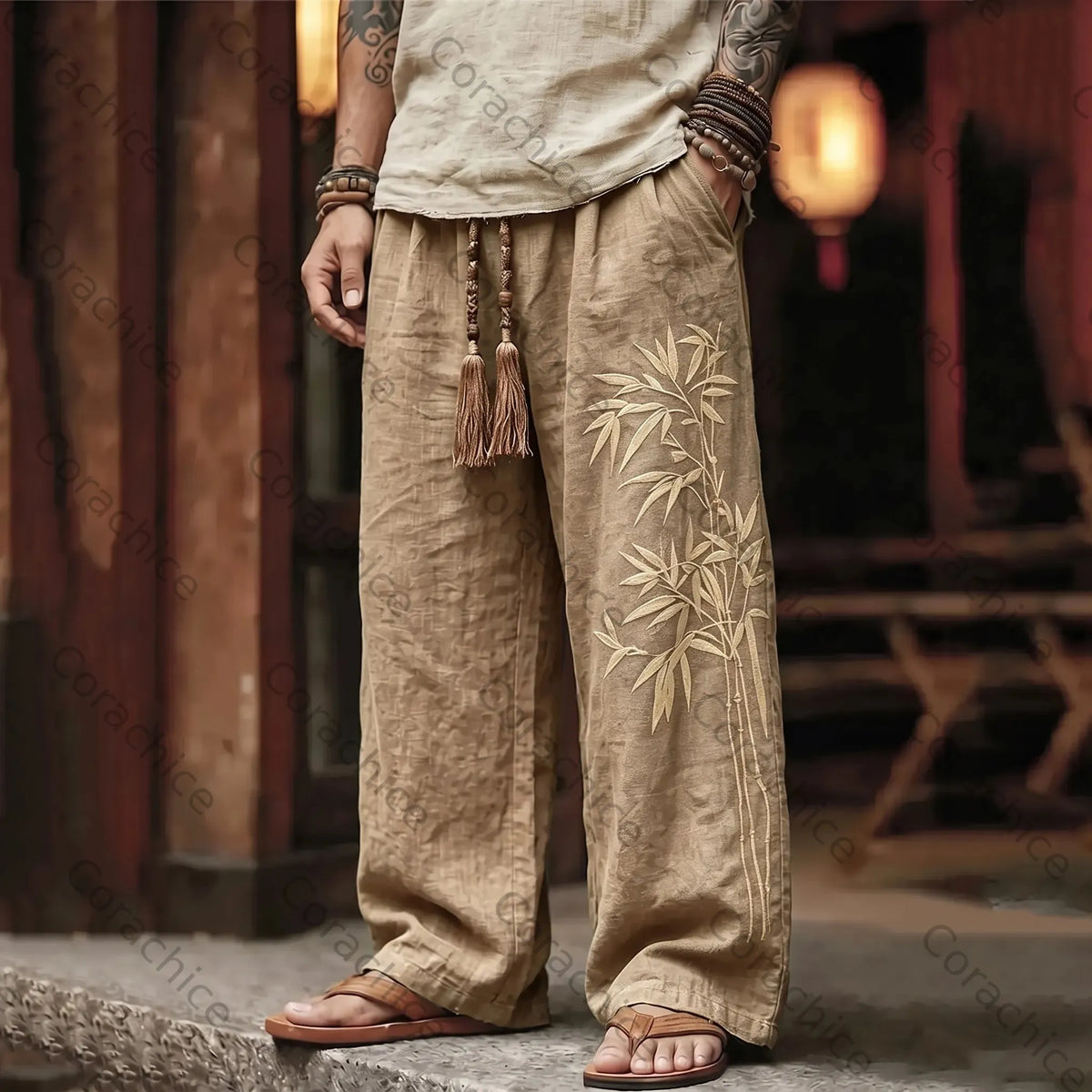 Cardydony Men's Vintage Japanese Bamboo Embroidery Art Linen Blend Pants