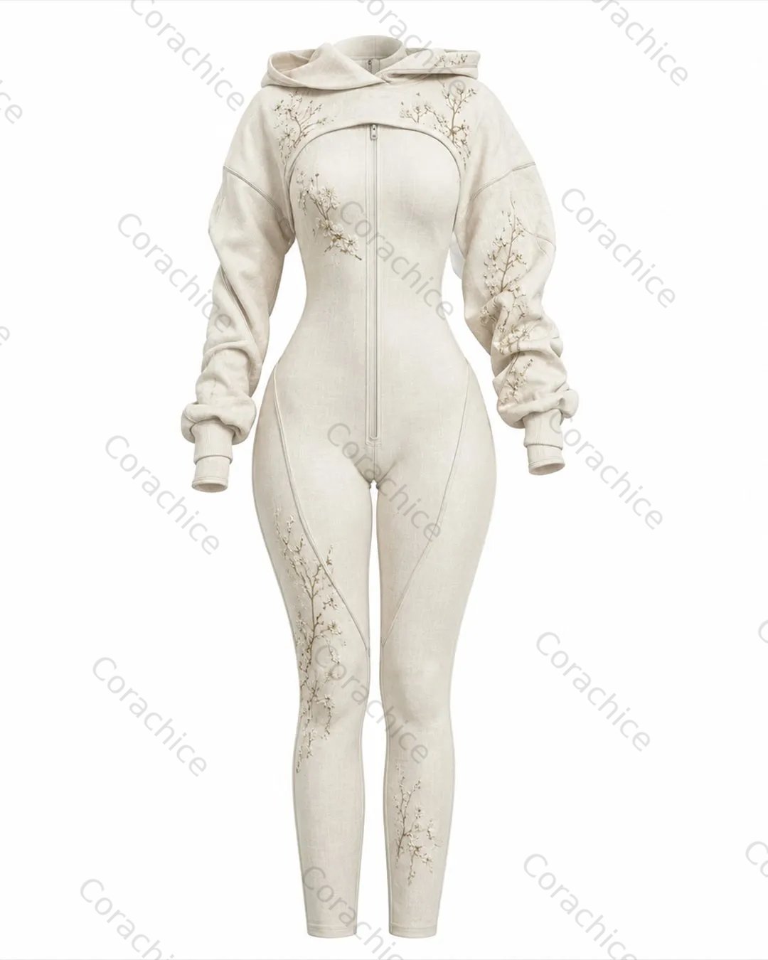 Cardydony Women's Japanese style white floral irregular cut two-piece long-sleeved jumpsuit