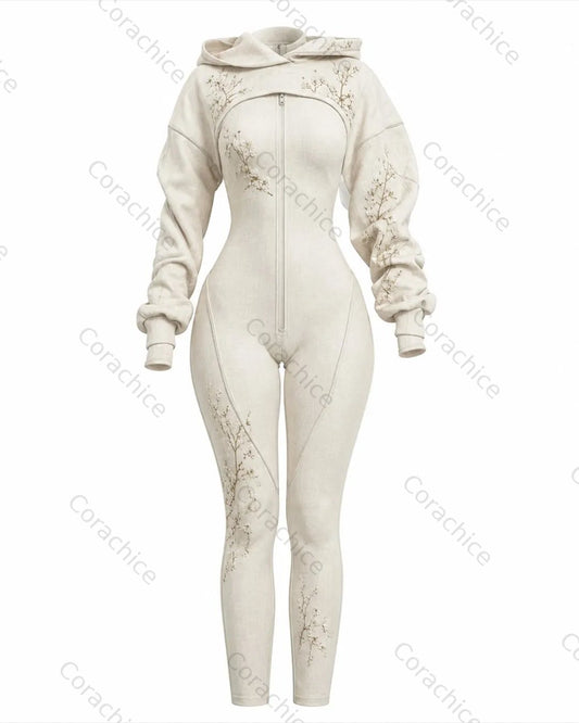 Cardydony Women's Japanese style white floral irregular cut two-piece long-sleeved jumpsuit