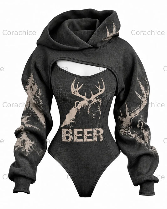 Cardydony Women's Outdoor-Style Printed Slim-Fit Long-Sleeve Hooded Jumpsuit
