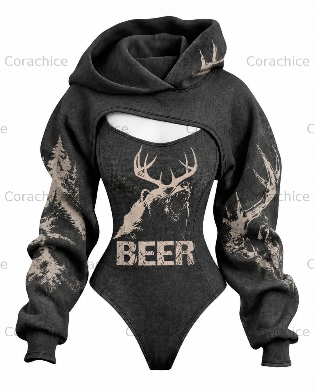 Cardydony Women's Outdoor-Style Printed Slim-Fit Long-Sleeve Hooded Jumpsuit