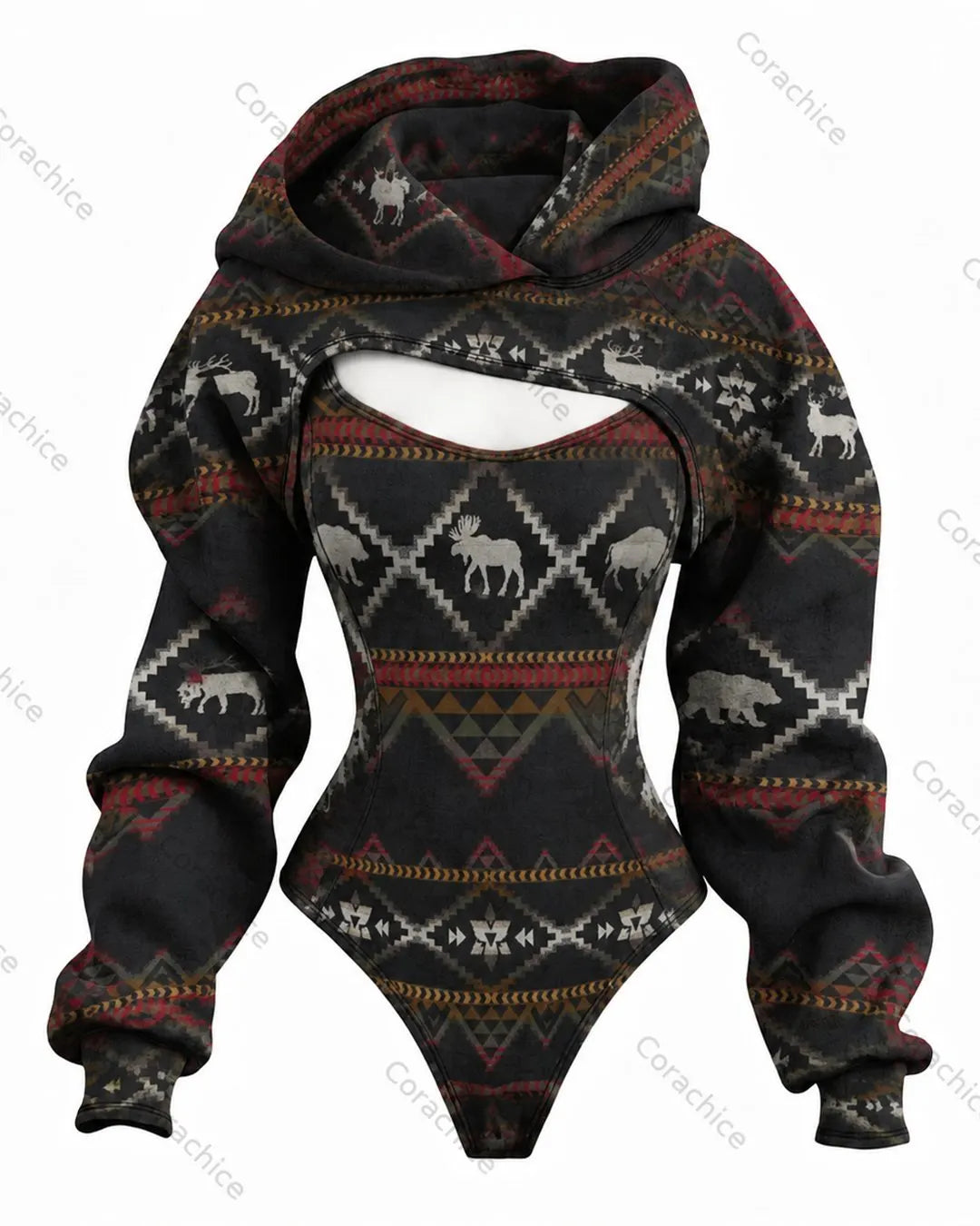 Cardydony Women's Western-Style Aztec-Print Fitted Hooded Jumpsuit