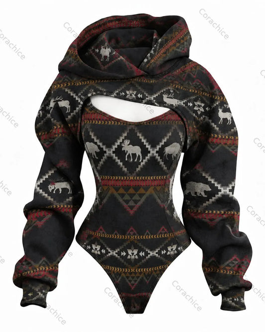 Cardydony Women's Western-Style Aztec-Print Fitted Hooded Jumpsuit