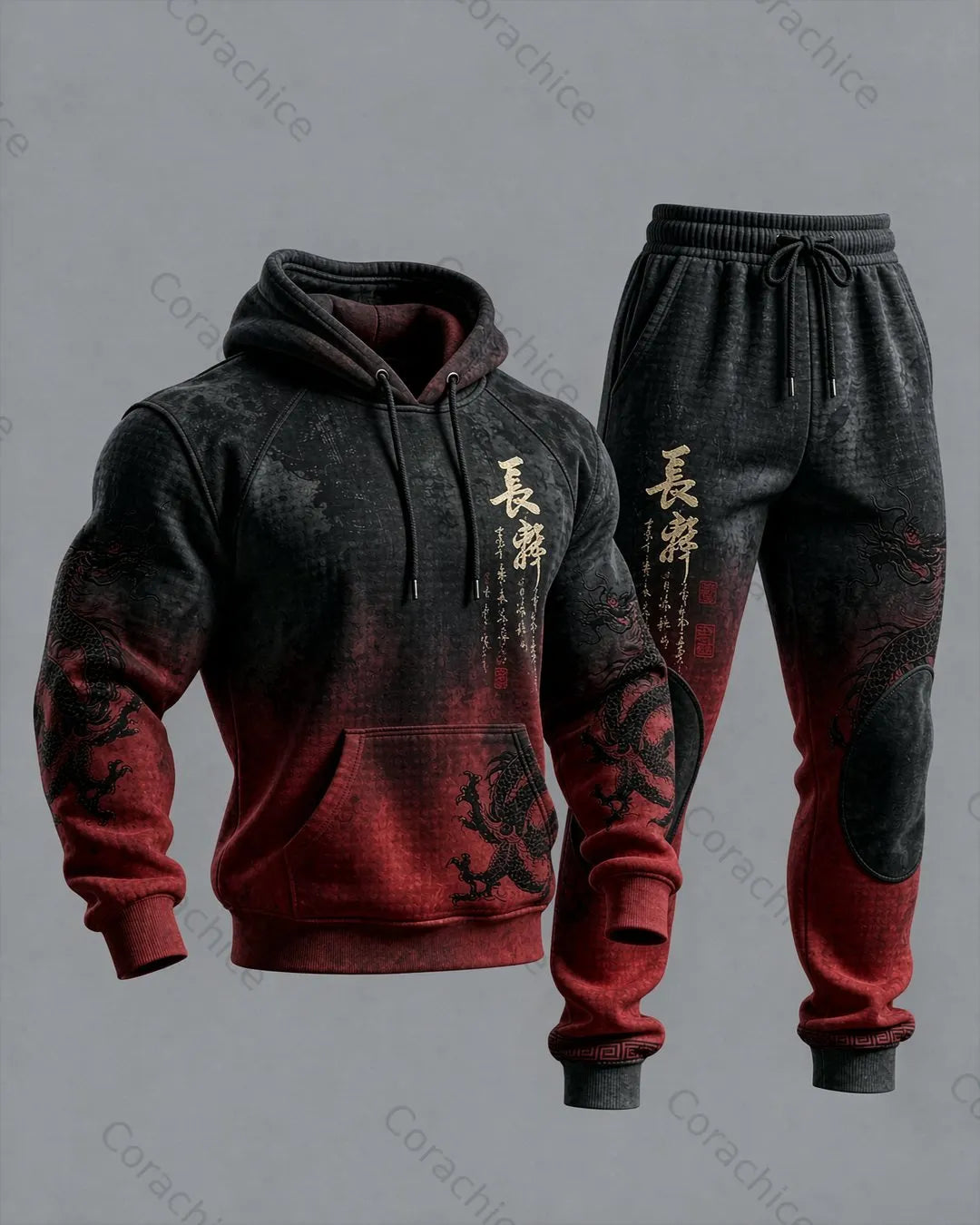 Cardydony Men's Autumn/Winter Japanese Retro Art Embroidery Waffle Knit Hoodie & Pants Two-Piece