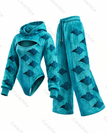 Cardydony Women's Retro Japanese Art Embroidery Irregular Cut Two-Piece Bodysuit & Pants