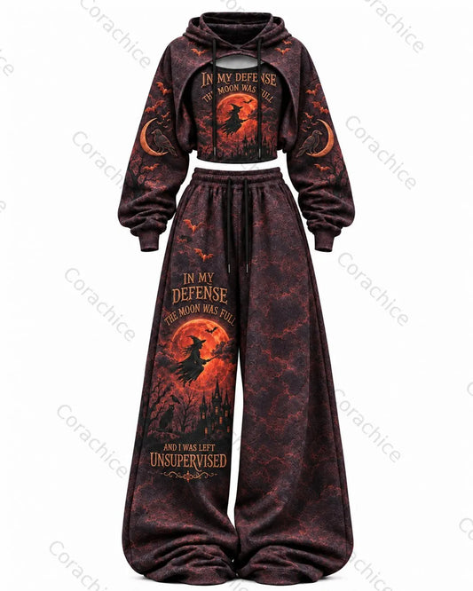 Cardydony Women's Fun Halloween Witch Print Casual Irregular Cut Two-Piece Hooded Top & Pants