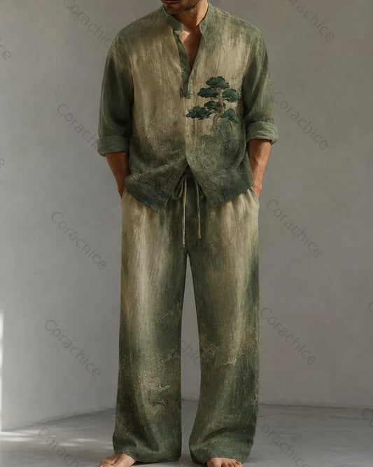 Cardydony Men's Japanese Retro Art Print Casual Top & Pants Two-Piece