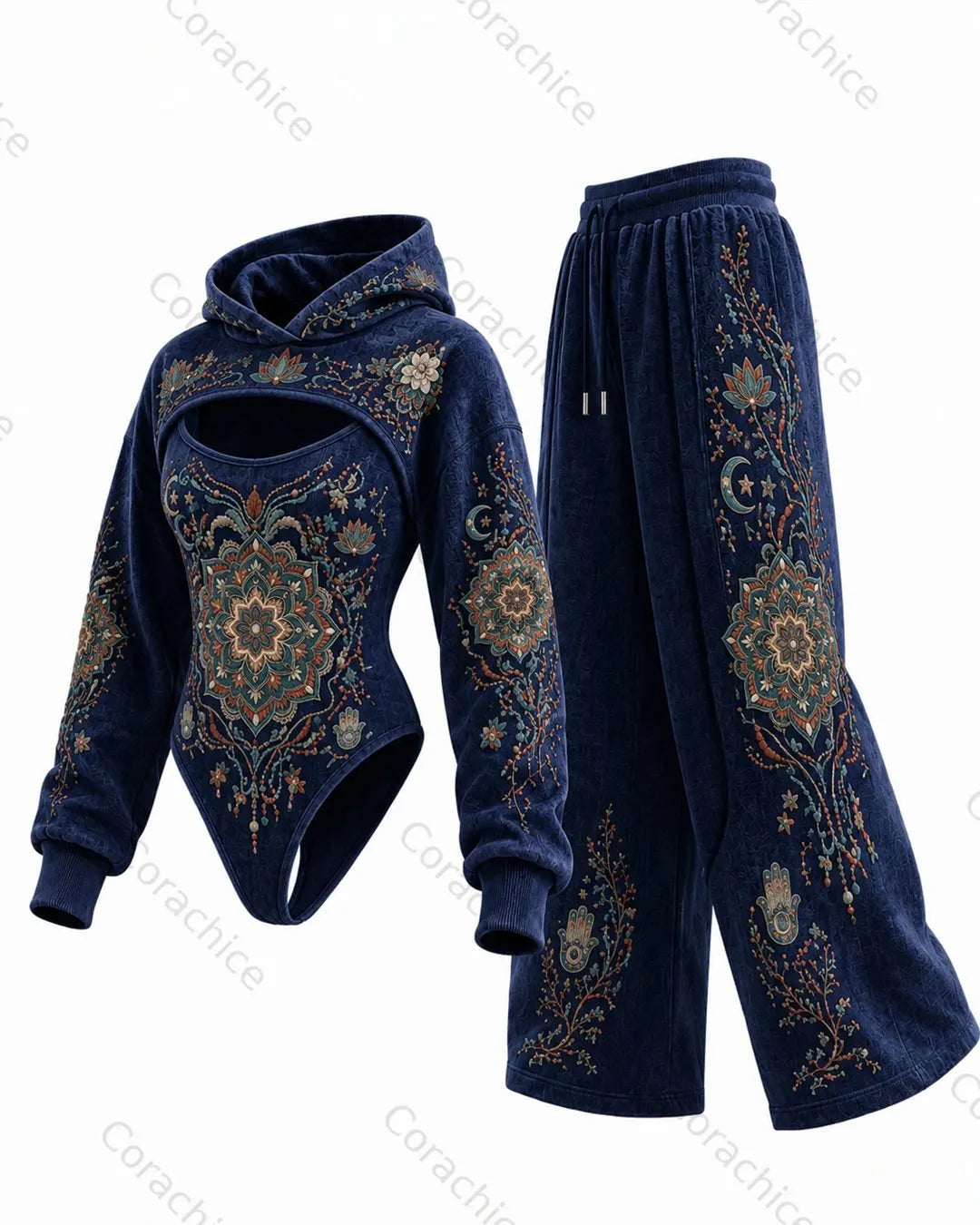 Cardydony Women's Japanese Retro Art Print Irregular Cut Two-Piece Jumpsuit & Pants