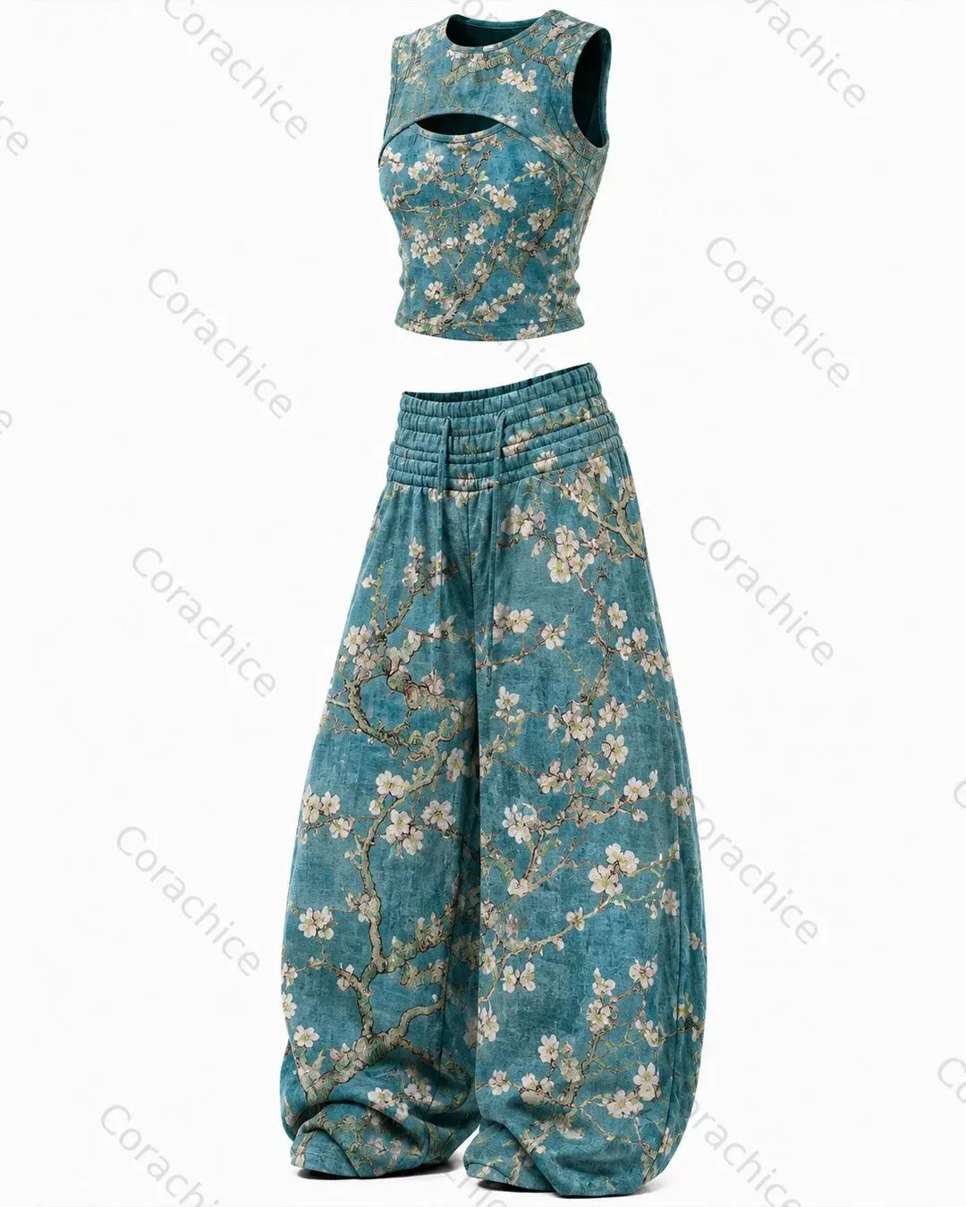 Cardydony Women's Japanese Retro Art Print Embroidered Top & Pants Two-Piece