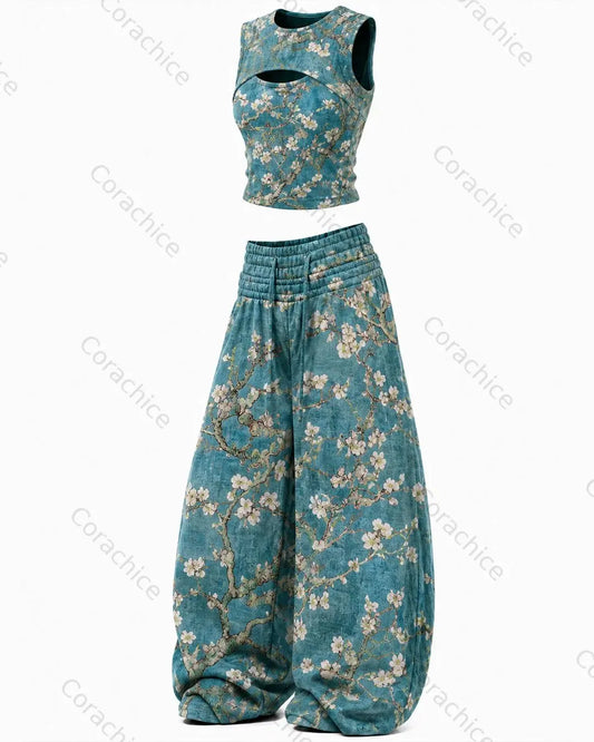 Cardydony Women's Japanese Retro Art Print Embroidered Top & Pants Two-Piece