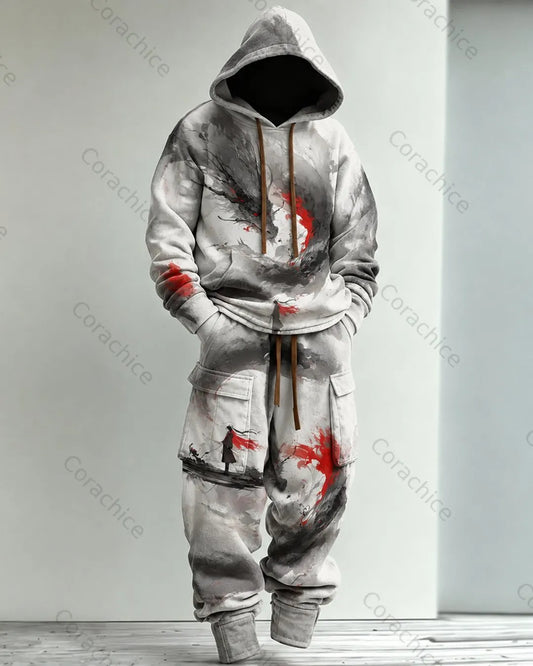 Cardydony Men's Fall and Spring Japanese-Style Printed Hooded & Pants Two-Piece