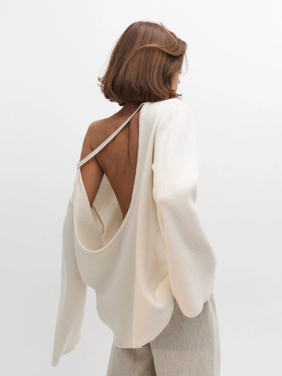 Cardydony Women's Women's Knit Sweater -  Backless Open Back Long Sleeve Top