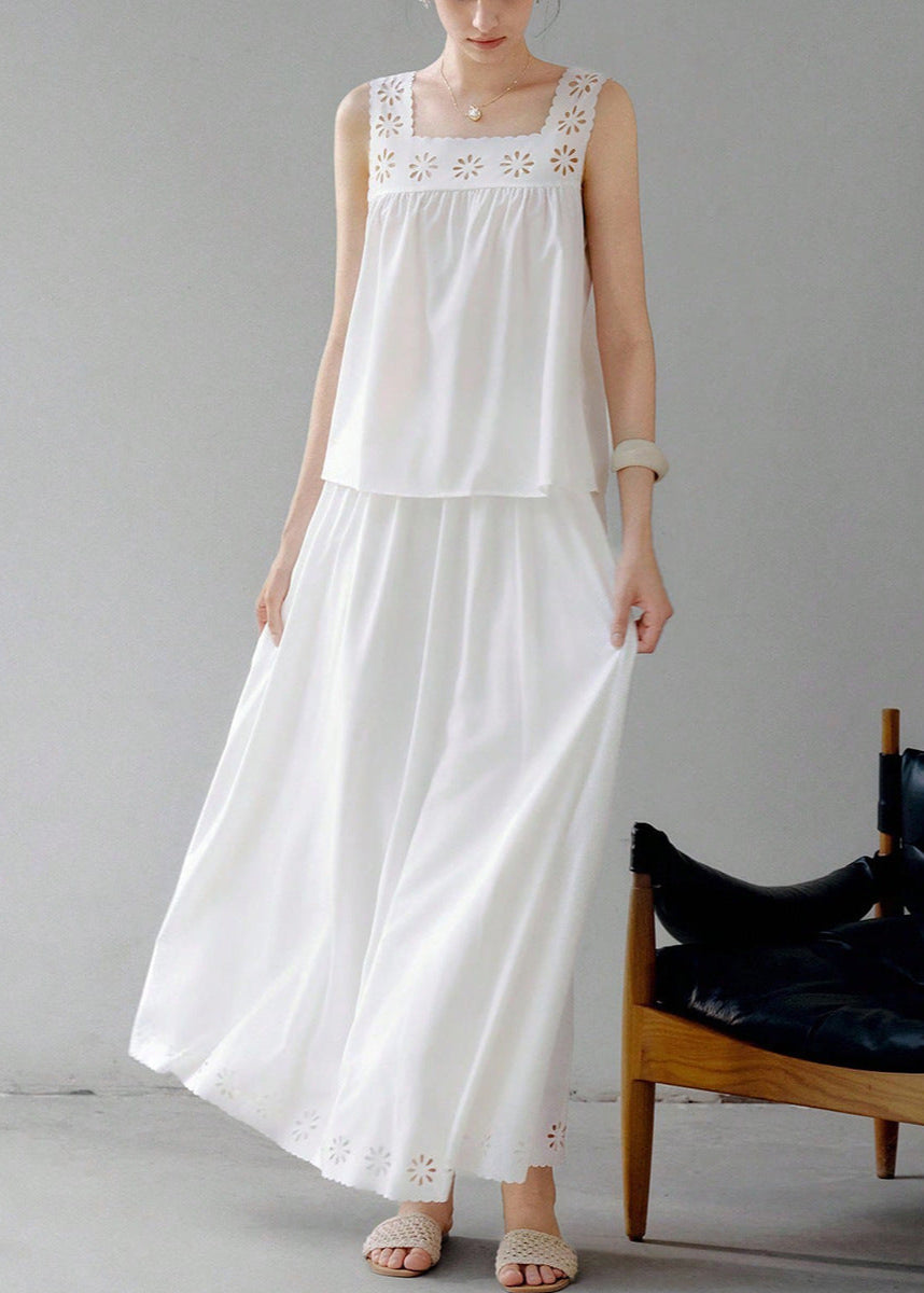 Cardydony Women's White Two Piece Set with Eyelet Cutout Top and Maxi Skirt – Summer Outfit