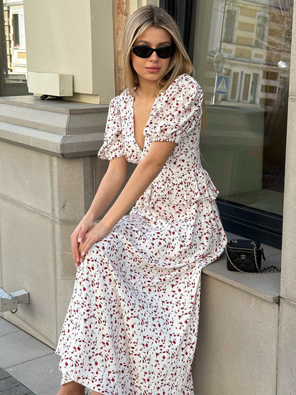 Cardydony Women's Floral V-Neck Maxi Dress | Puff Sleeve White Dress with Slim Waist & Long Flare Skirt